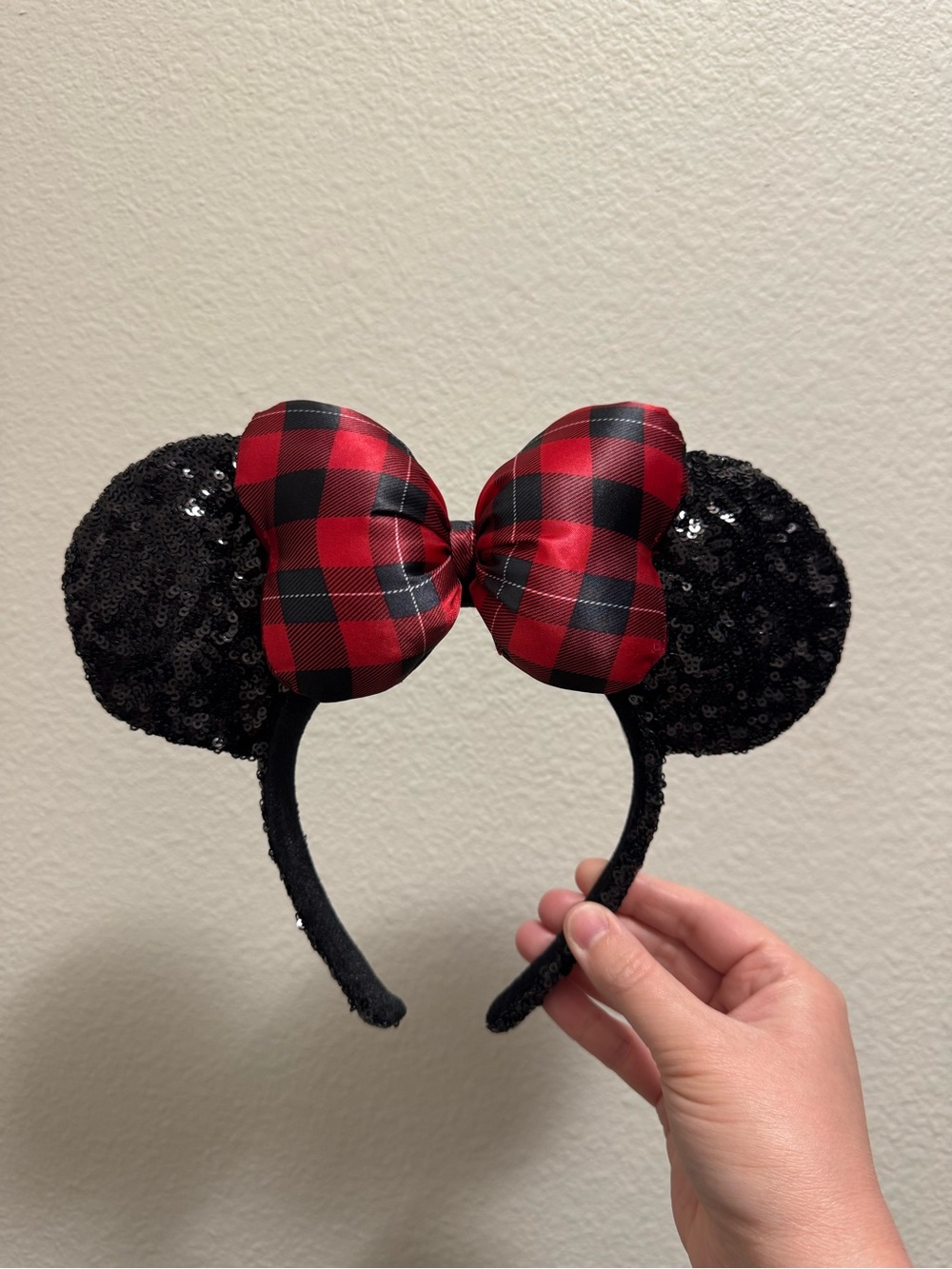 Disney Black Sequin Minnie Ears Headband with Red Black Plaid Bow